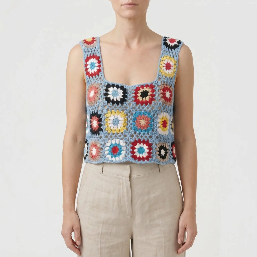 Stylish women's vibrant sleeveless crop top, ideal for summer fashion, casual wear, or a bohemian layered look.