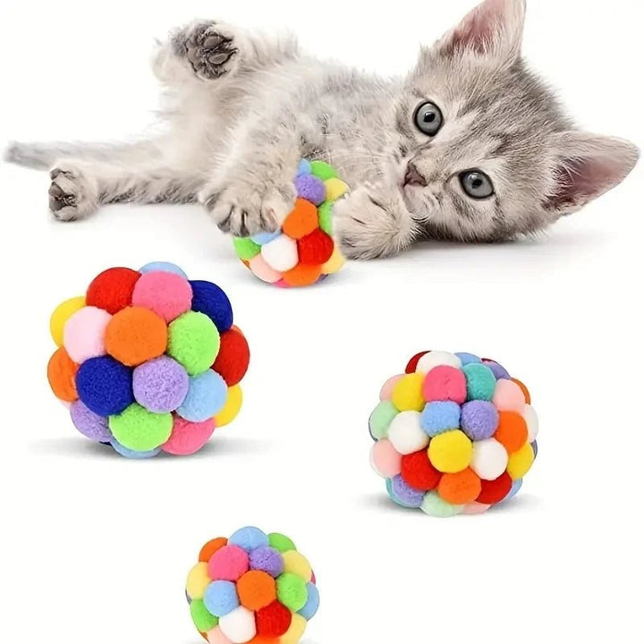 Assortment of multi-colored plush cat balls, ideal for active pet entertainment and feline exercise.