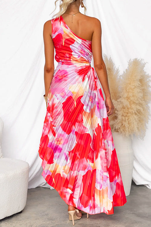 Lightweight vibrant printed one-shoulder gown. Flowy women's summer dress for wedding guests.