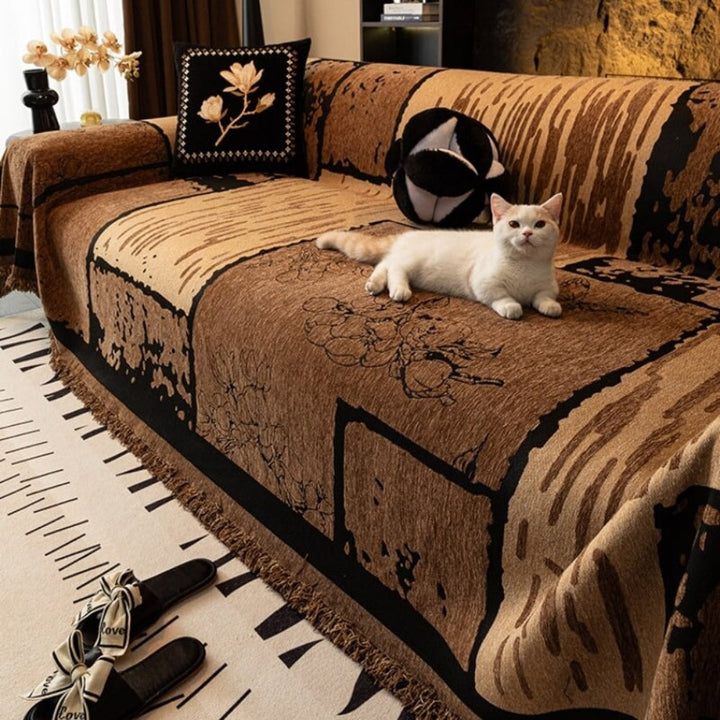 Machine washable chenille sofa protector, pet friendly anti-scratch throw with retro pattern