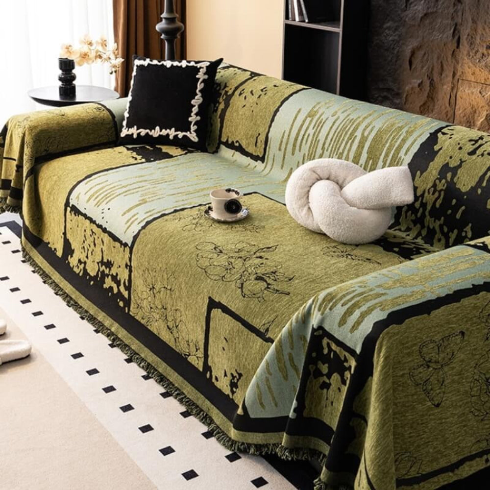 Full view of New4 vintage chenille sofa protector throw draped on a couch, home decor accent