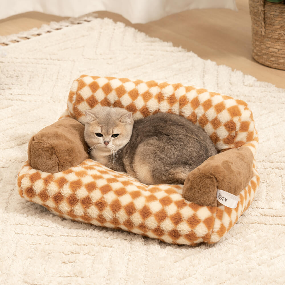 Vintage-inspired pet sofa bed for small animals, featuring a plush diamond design