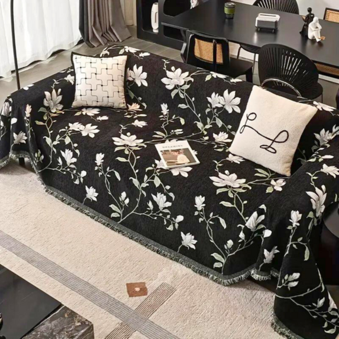 New4 unisex vintage floral chenille sofa cover, featuring decorative tassel trim for home decor.