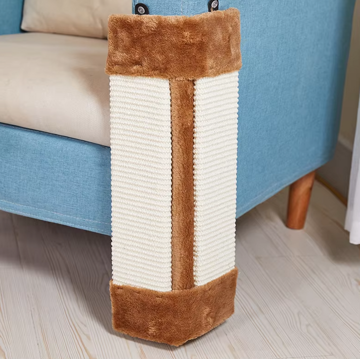 Close-up of soft-covered cat scratching board, wall-mounted to save floor space, pet care item