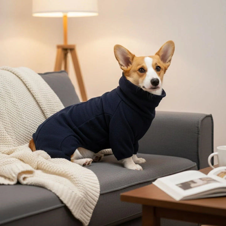Stylish grey fleece dog jumpsuit, durable winter pet apparel, providing full body coverage against the cold.