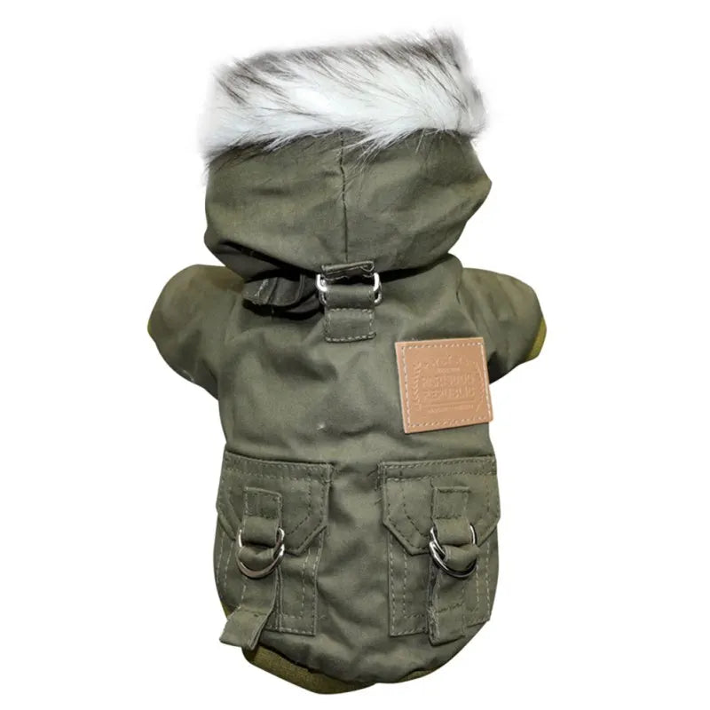 Warm polyester pet jacket in green, hooded, ideal for winter outdoor walks, keeping dog cozy