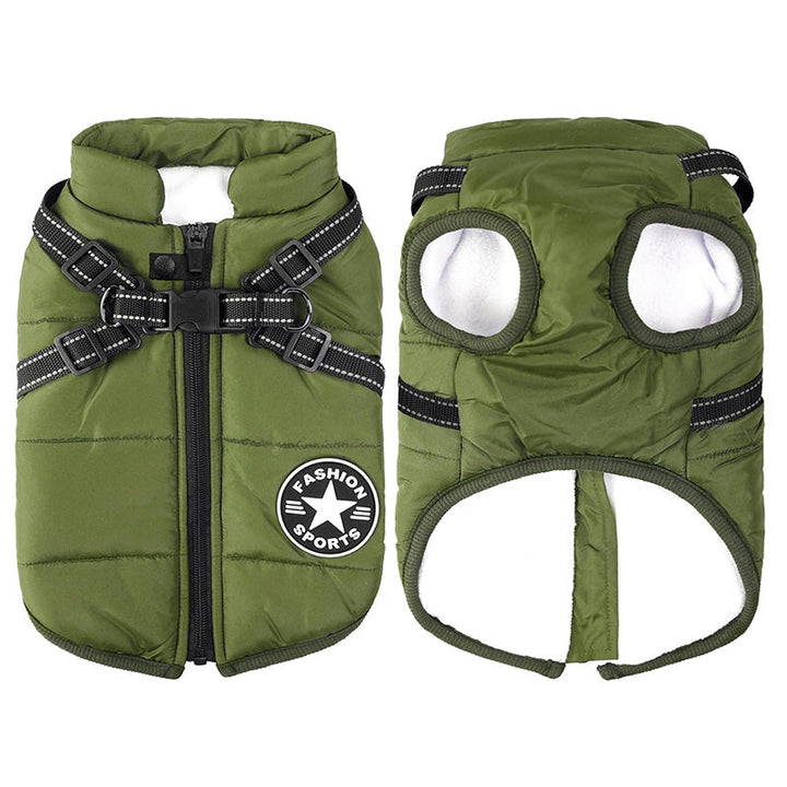 Stylish blue dog jacket with leash opening, perfect for winter cold weather