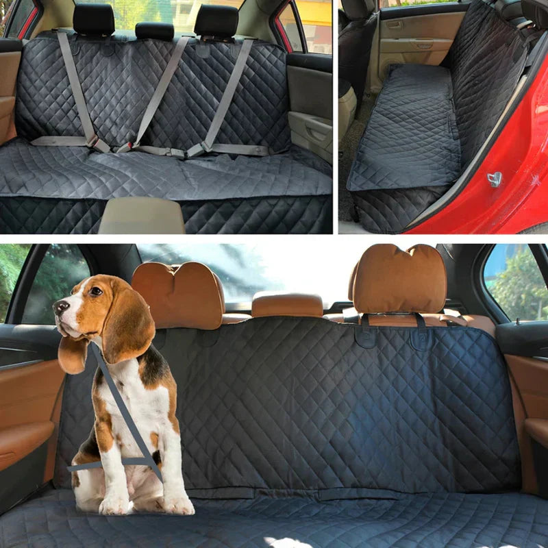 Waterproof car dog seat cover, black, for pet protection during travel, covers back seat.