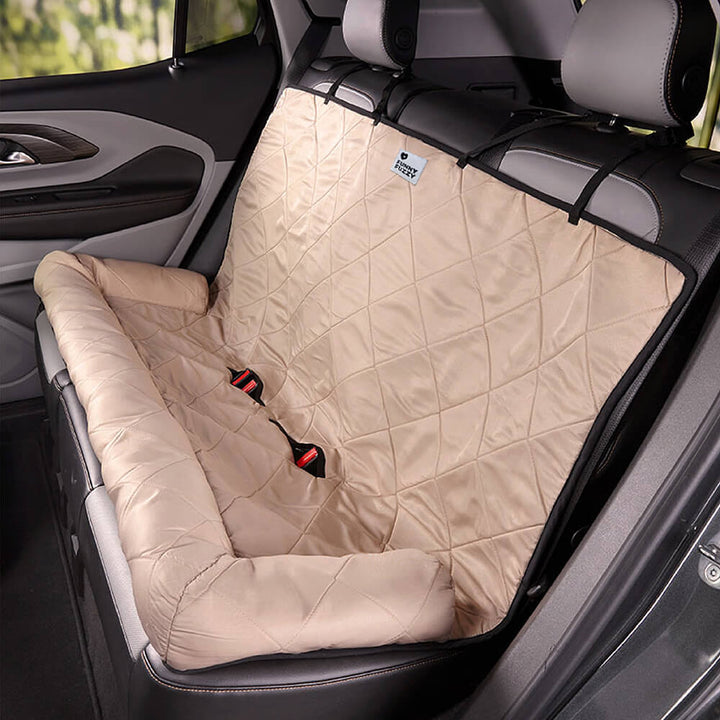Dog car seat cover with storage pockets, convenient for pet travel essentials
