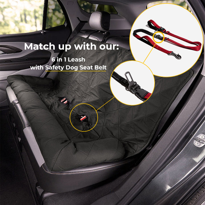 Dog car seat cover installed in a car, protecting upholstery during pet travel