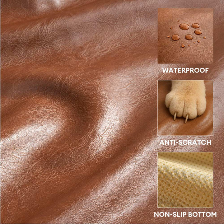 Close-up of waterproof faux leather texture on a washable dog sofa bed, durable pet furniture for dogs