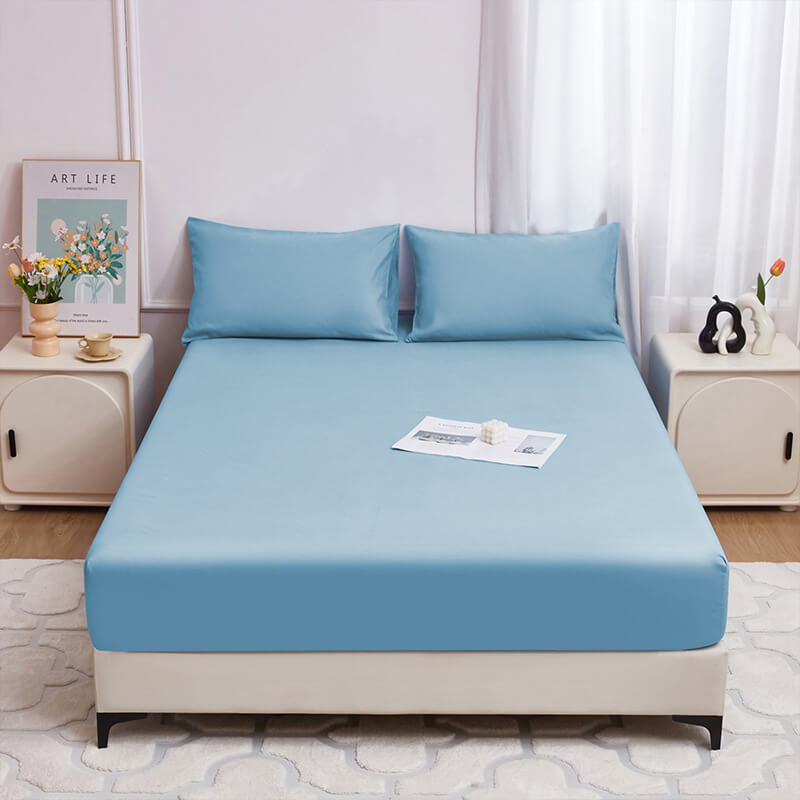 Waterproof fitted sheet spread out, showcasing its full coverage for mattress protection and easy care.