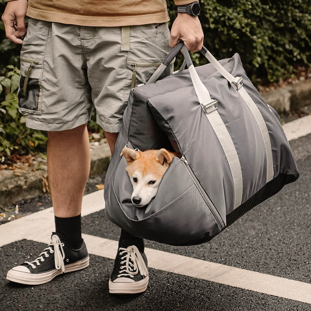 Dog car seat bed, waterproof, grey, durable fabric, prevents pet hair and dirt in car.