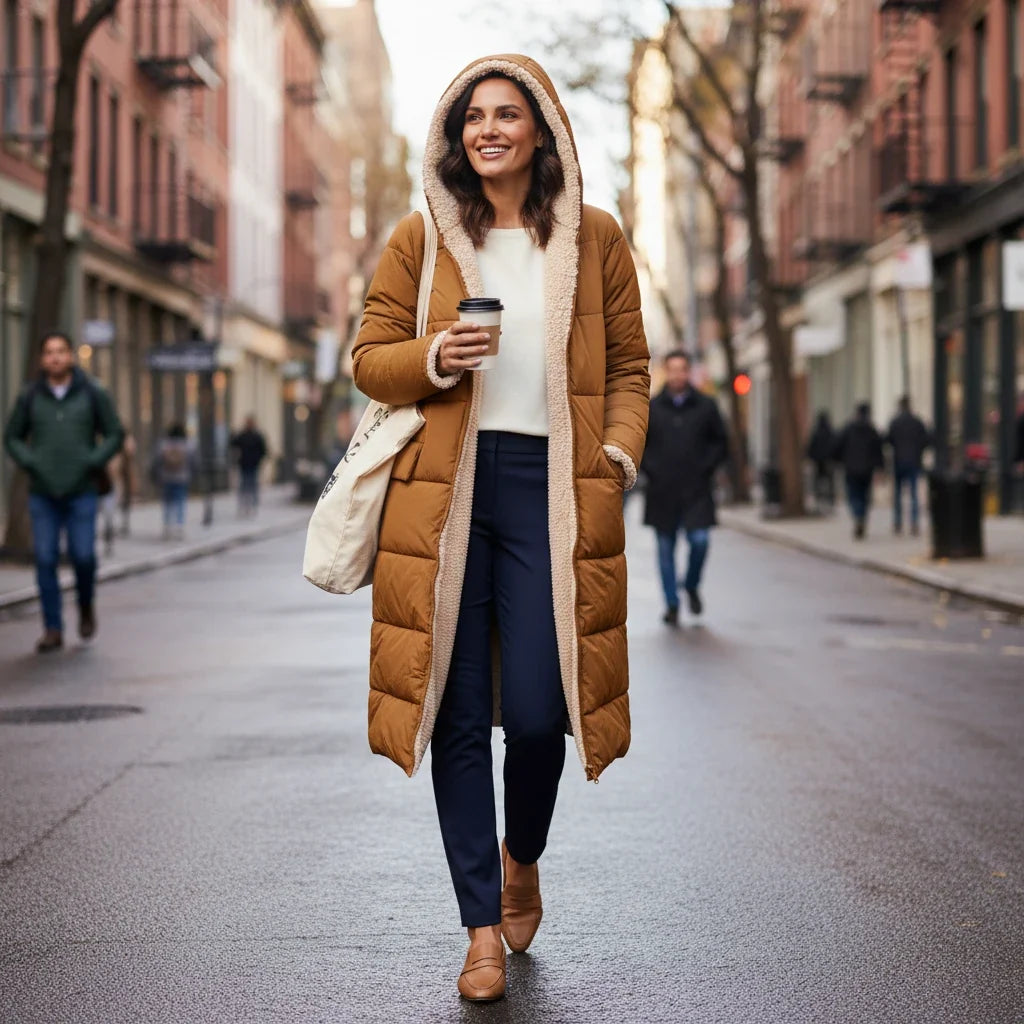 Stylish women's long winter jacket, insulated and hooded for ultimate warmth.