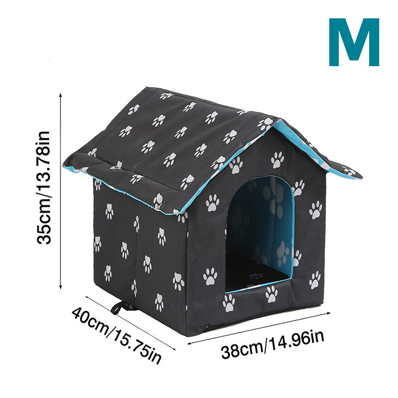 Small dog outdoor shelter, weatherproof and includes a comfortable self-warming pad.