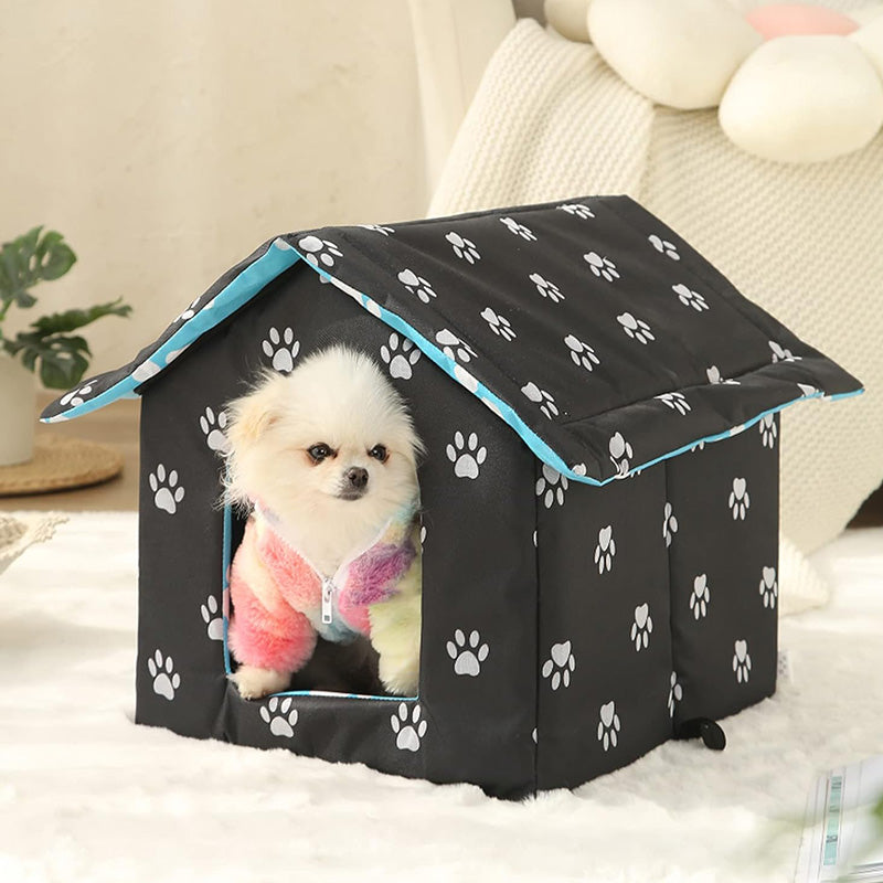 Pet shelter for outdoor use, includes a self-warming pad and weatherproof construction.