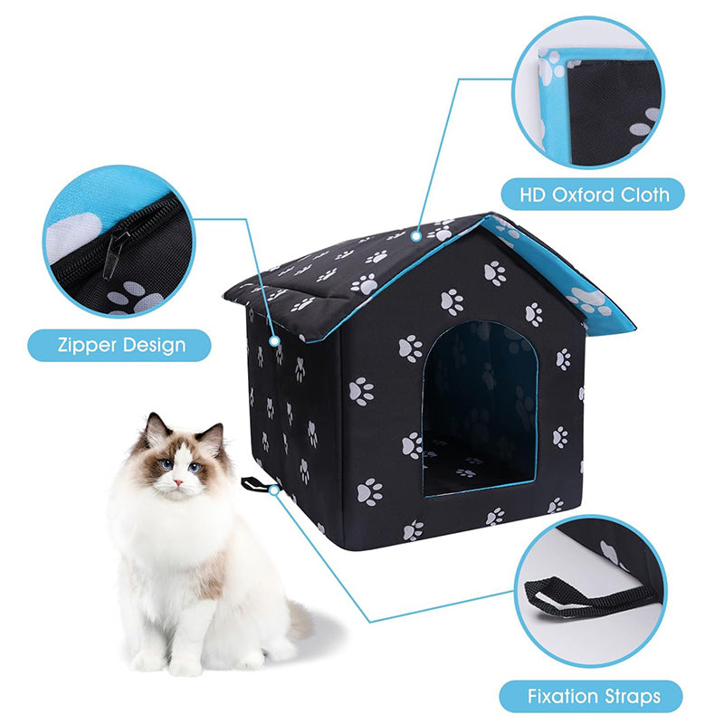 Feral cat shelter with self-warming pad, providing warmth and protection from elements.
