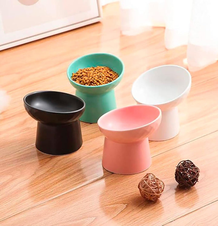 Close-up of a tilted ceramic cat bowl, ideal for comfortable eating and improved pet digestion