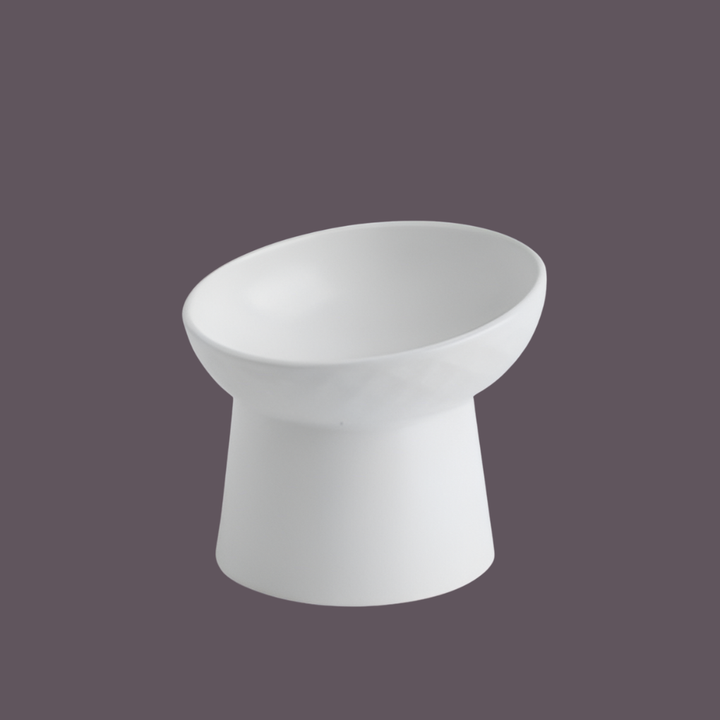 Ceramic tilted cat bowl with subtle branding, emphasizing its quality and pet-friendly features