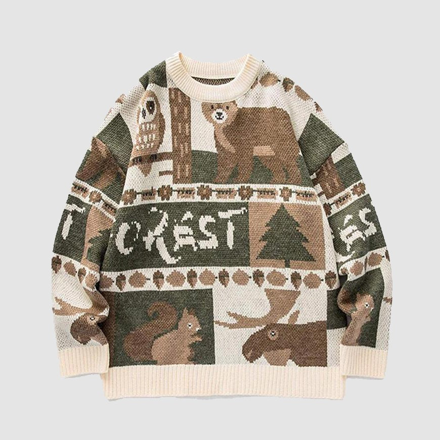 Forest Friends vintage style unisex sweater. Warm crewneck pullover, perfect for cozy fall & winter fashion.