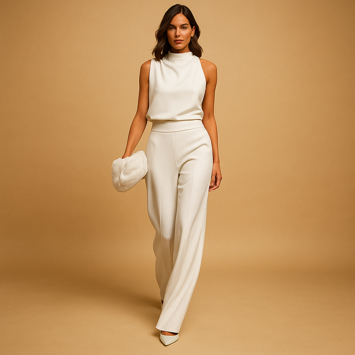 Sophisticated women's wide-leg halter jumpsuit, an elegant choice for evening and party outfits.
