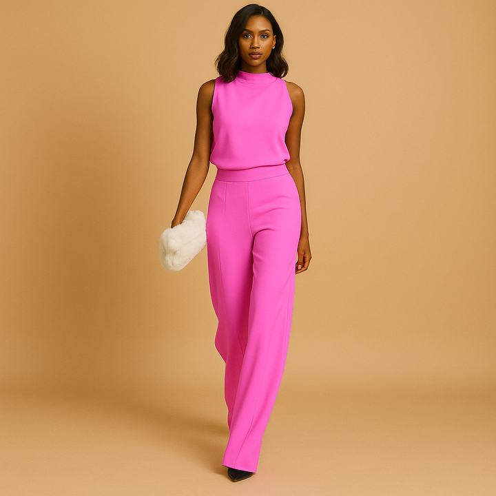 Fashionable women's elegant jumpsuit with wide-leg pants & halter design for evening wear.