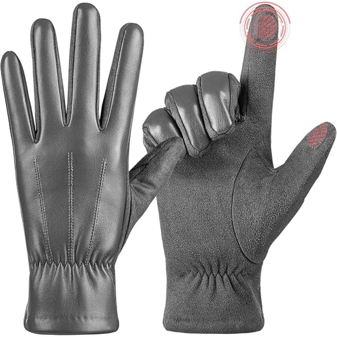 Stylish men's suede leather touchscreen gloves, perfect for outdoor winter activities & cold weather.