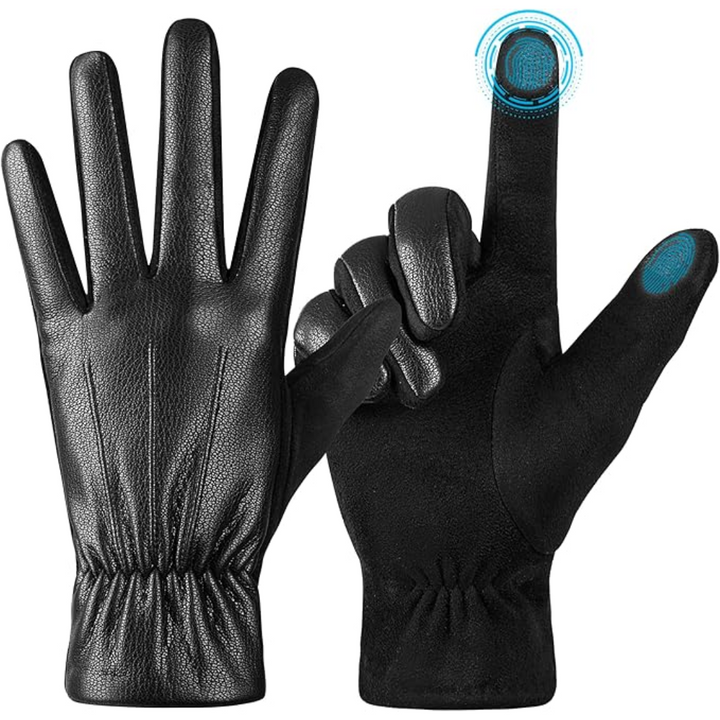 Premium men's suede leather tech gloves, windproof & warm, designed for winter touchscreen use.