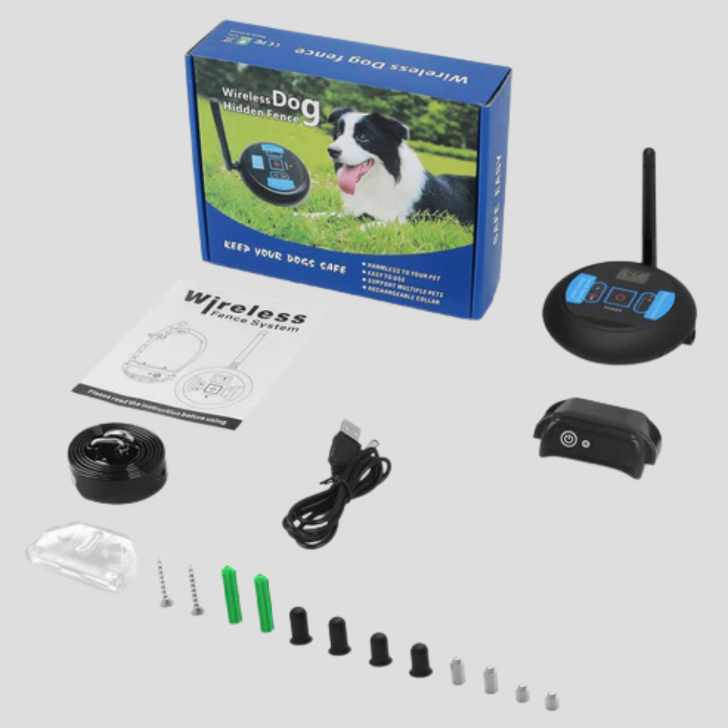 Dog training collar with wireless fence technology, keeping pets safe within 200m.