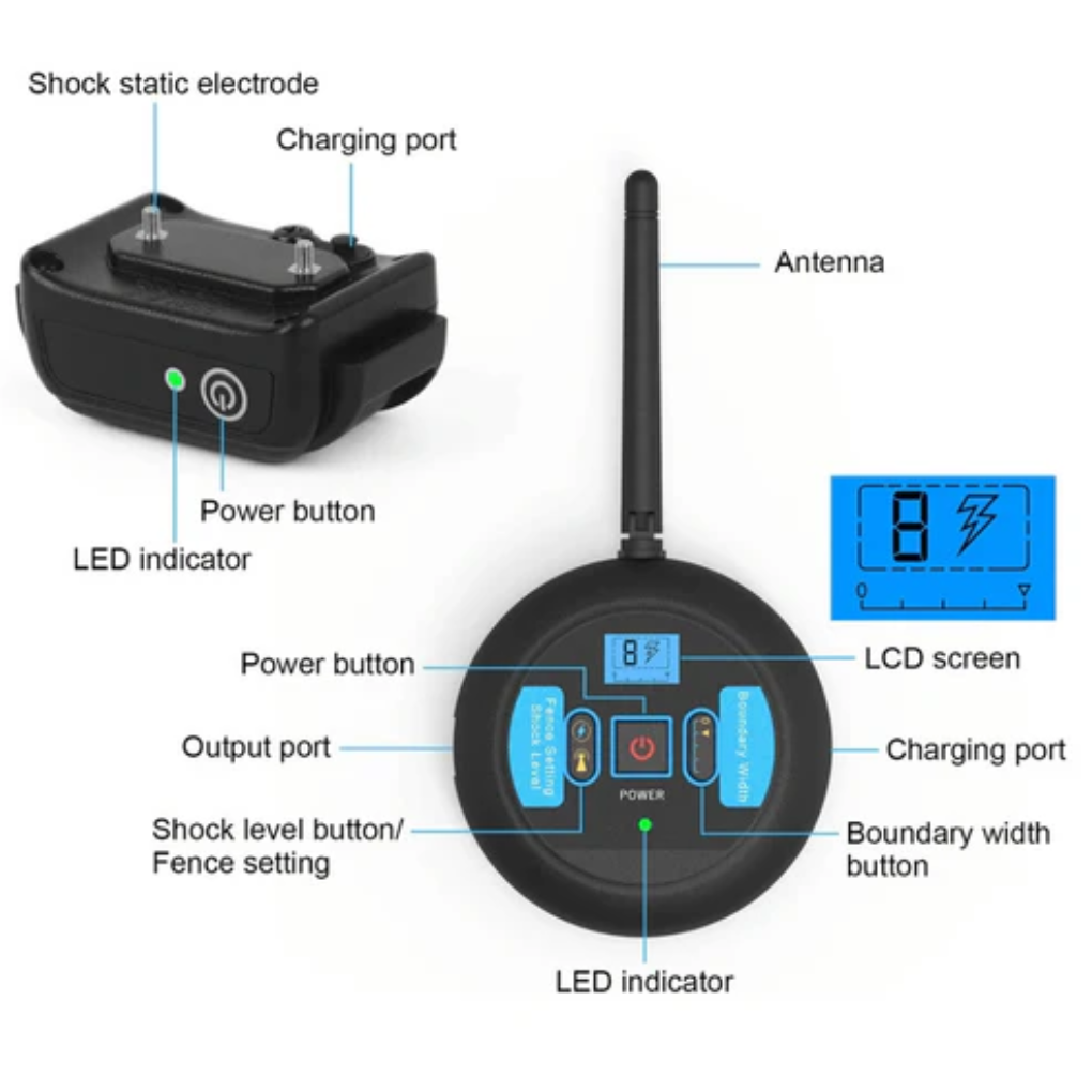 Durable wireless dog fence collar system, 200m range for effective pet training.