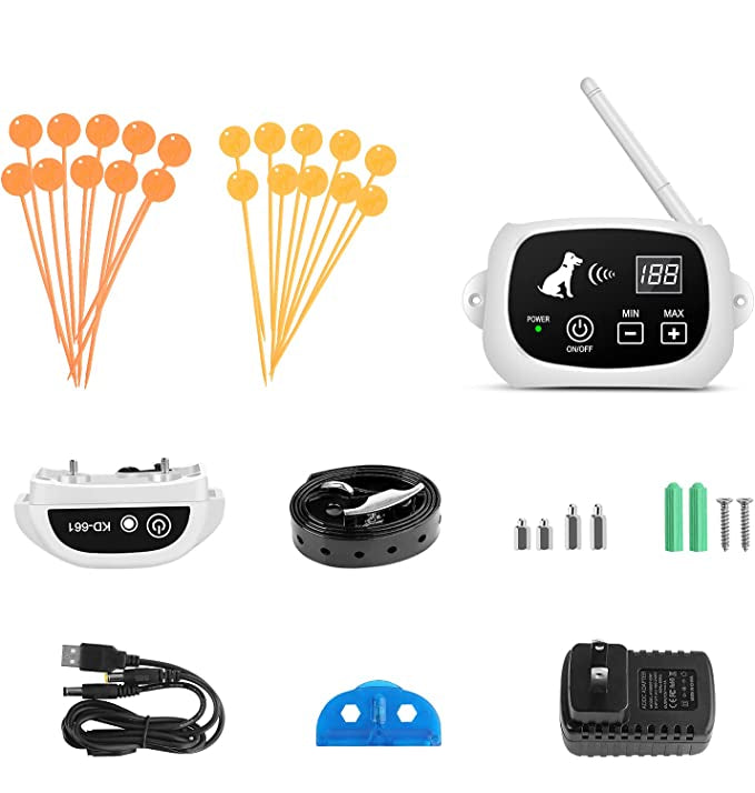 Wireless pet fence system showing transmitter and adjustable dog collar for outdoor safety