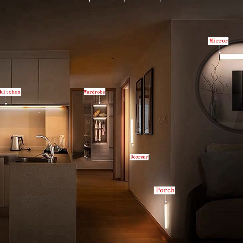 Energy-saving motion sensor LED night light detecting movement, automatically illuminating a dark area.