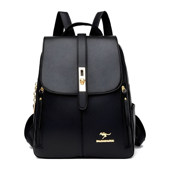 Women's luxurious black PU leather backpack, perfect for daily carry & office use.