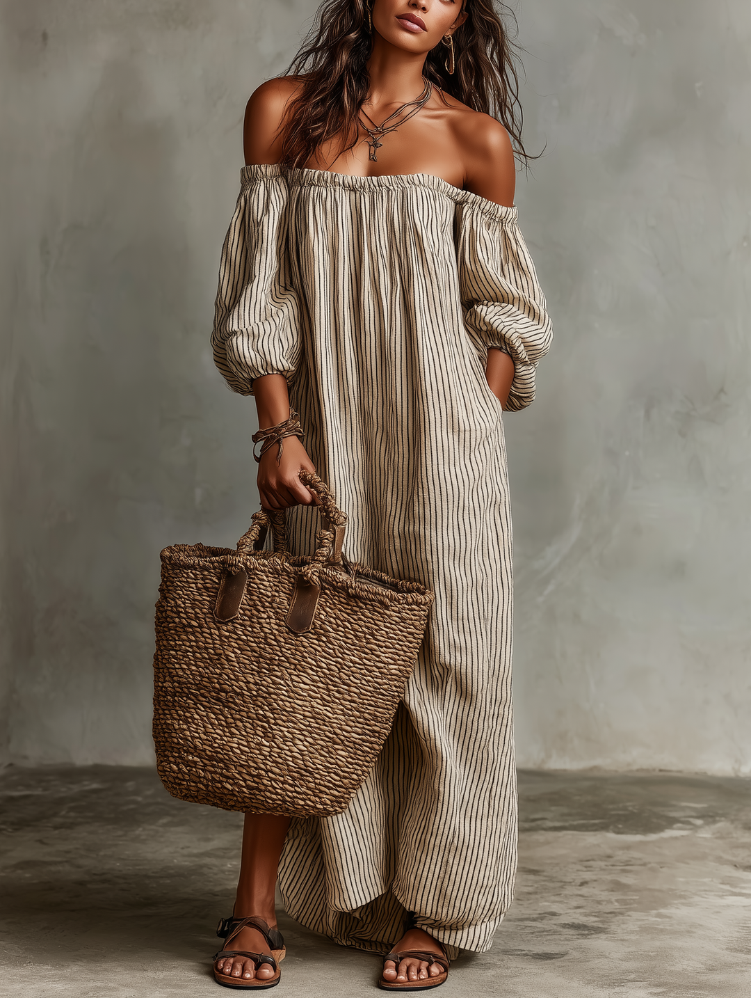 Woman in a flowy striped off-shoulder maxi dress with puff sleeves, perfect for casual summer outings & vacation.