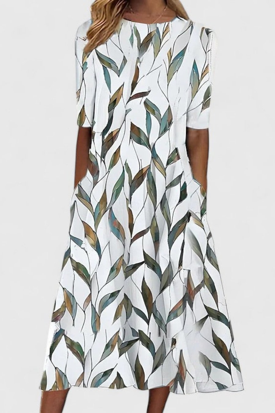 Floral print women's A-line midi dress with short sleeves and pockets, a versatile everyday summer dress.