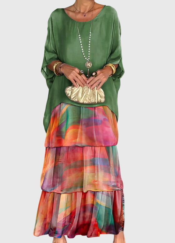 Vibrant abstract print women's maxi dress, tiered flowy bohemian design, perfect for summer.