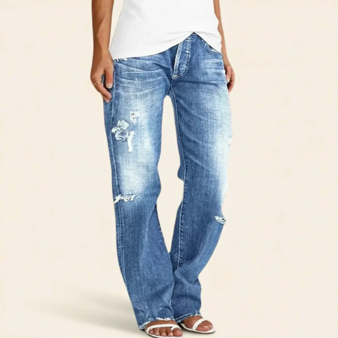 Black high waist distressed straight leg jeans for women, perfect for a relaxed casual fit.