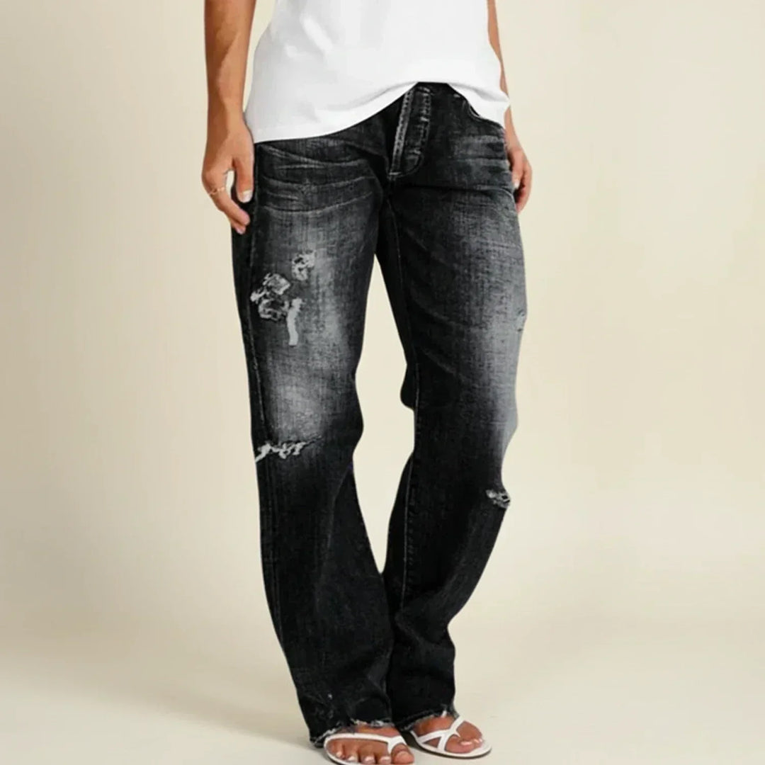 Gray ripped straight leg jeans, high waist women's denim for fashionable everyday wear.