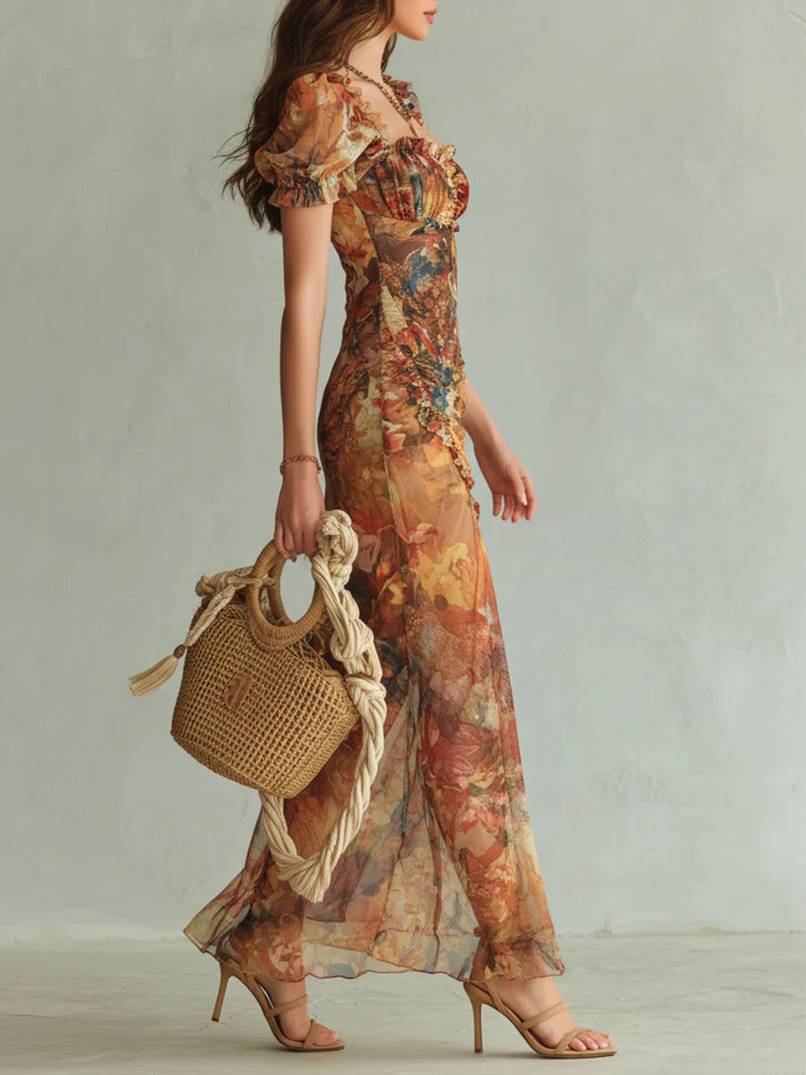 Elegant women's floral print maxi dress featuring a ruffle sweetheart neckline & flowy style.