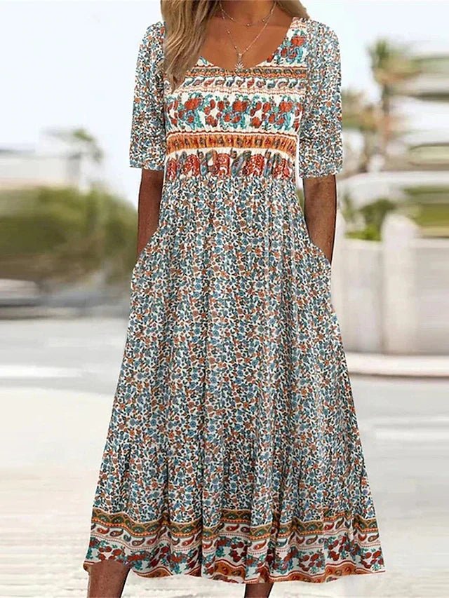 Women's boho floral short-sleeve square-neck maxi dress. Ideal for summer elegance and parties.