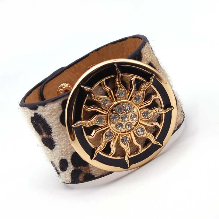 Stylish women's wrap bracelet featuring a wild leopard print, an adjustable fashion accessory.