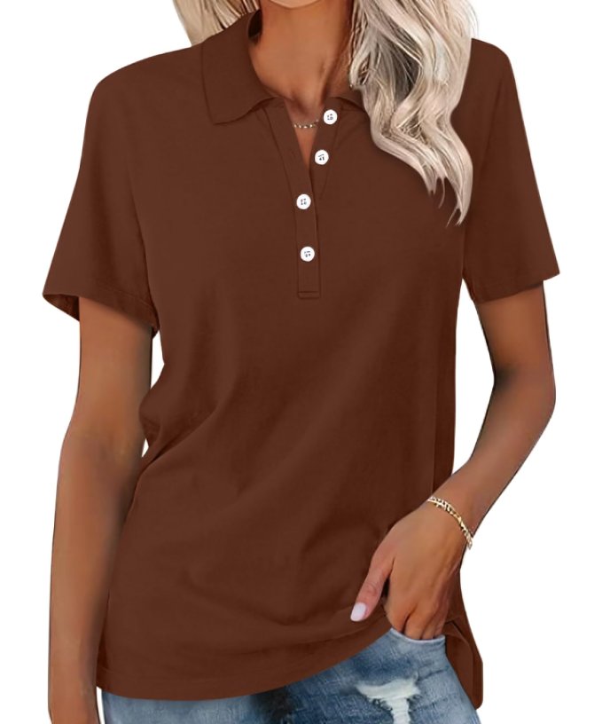 Soft women's short sleeve polo shirt, offering classic fit and comfort for a versatile wardrobe.