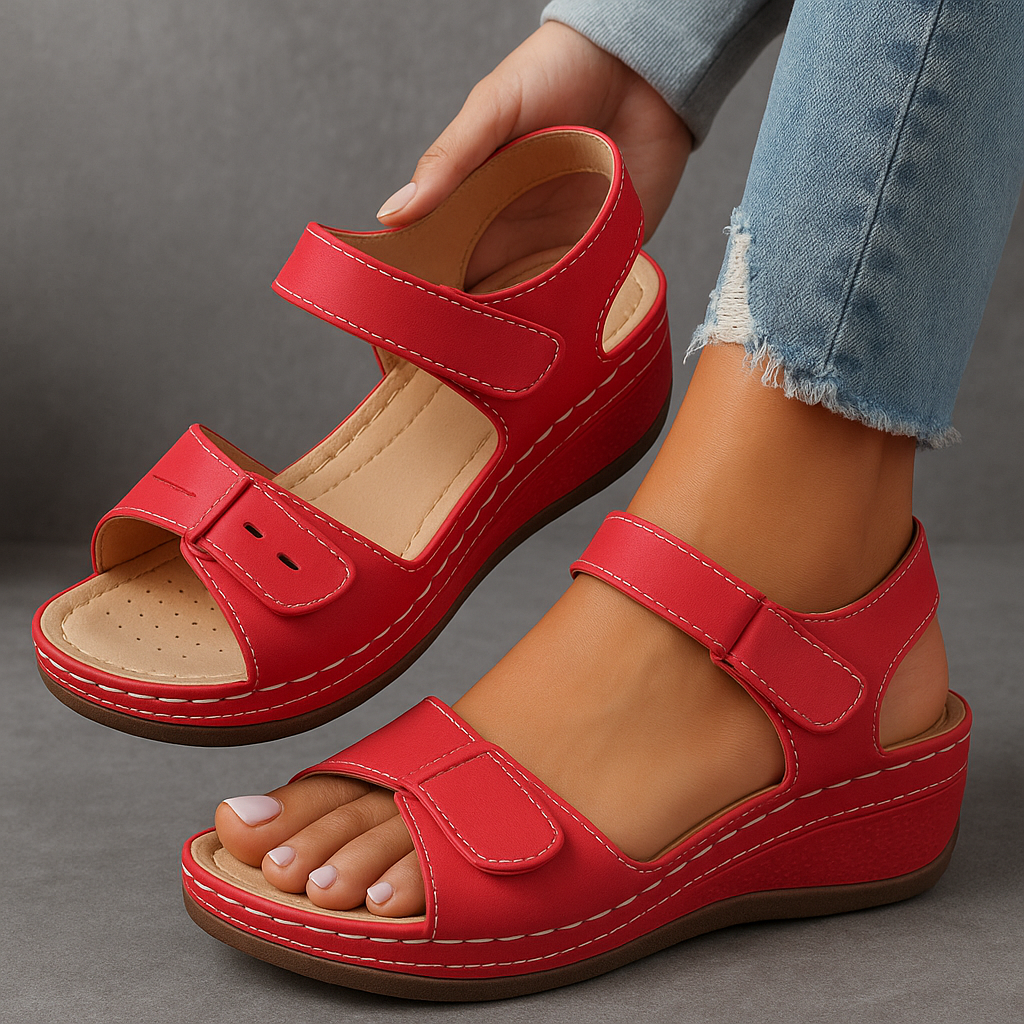 Women's adjustable hook-loop strap wedge sandals, cushioned for all-day comfort and stylish summer wear.