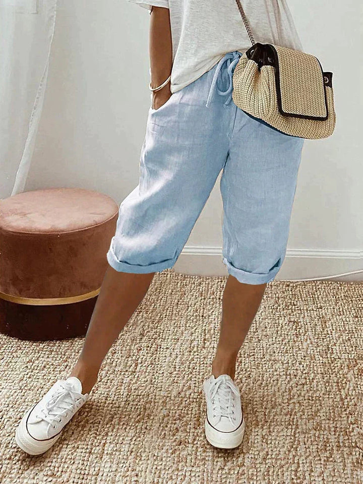 Stylish women's drawstring cotton capri pants in a relaxed fit, ideal for comfortable casual summer outfits.