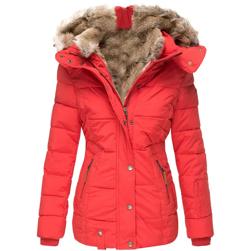 Pink women's insulated winter coat. Cozy, warm outerwear for extreme cold. Essential winter fashion.