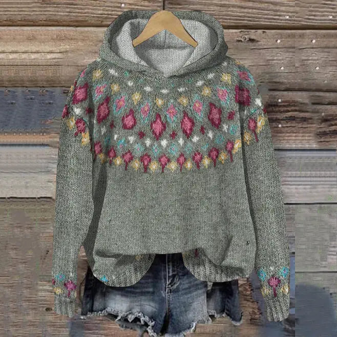 Women's cozy Nordic pattern hoodie. Stylish pullover sweatshirt perfect for warm fall & winter casual wear.