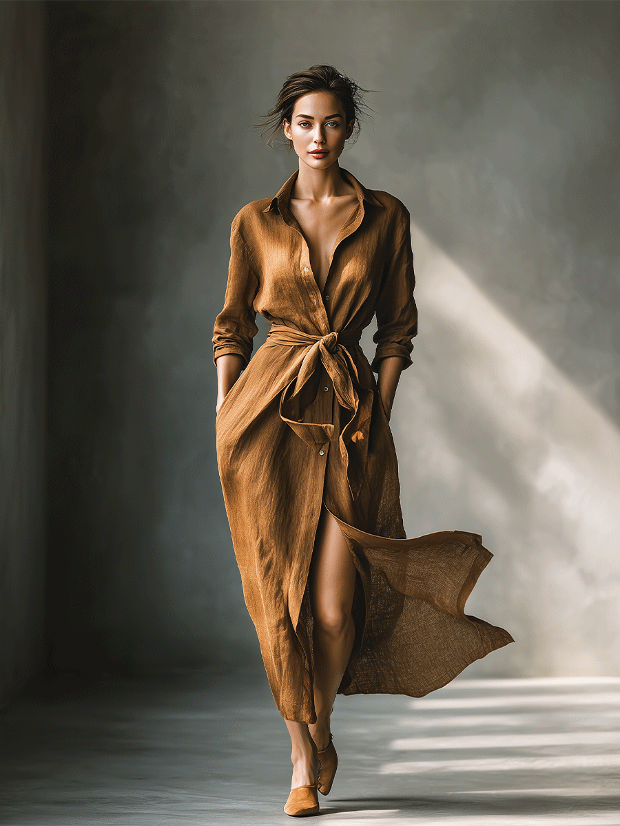 Elegant women's brown maxi shirt dress featuring a V-neck, tie waist, and long sleeves. Versatile for fall.