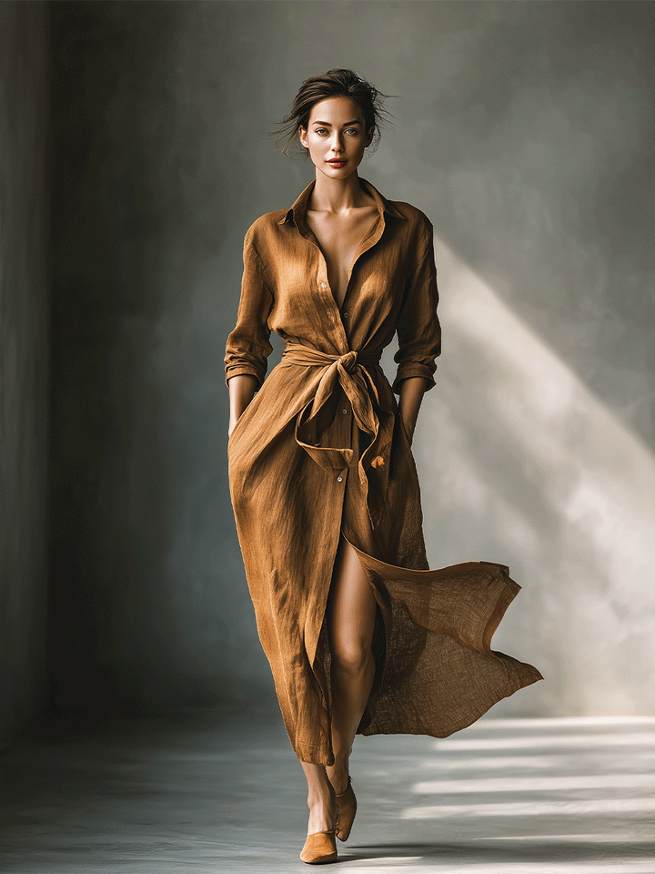 Elegant women's brown maxi shirt dress featuring a V-neck, tie waist, and long sleeves. Versatile for fall.