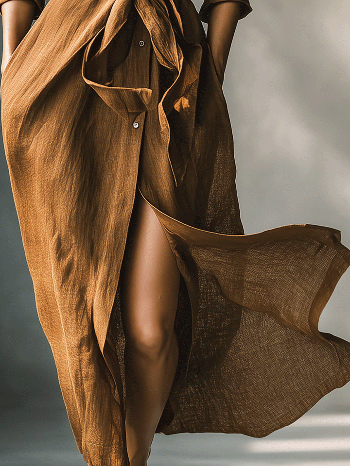 Women's long sleeve brown shirt dress with a stylish V-neck and flattering tie waist. Ideal for everyday elegance.