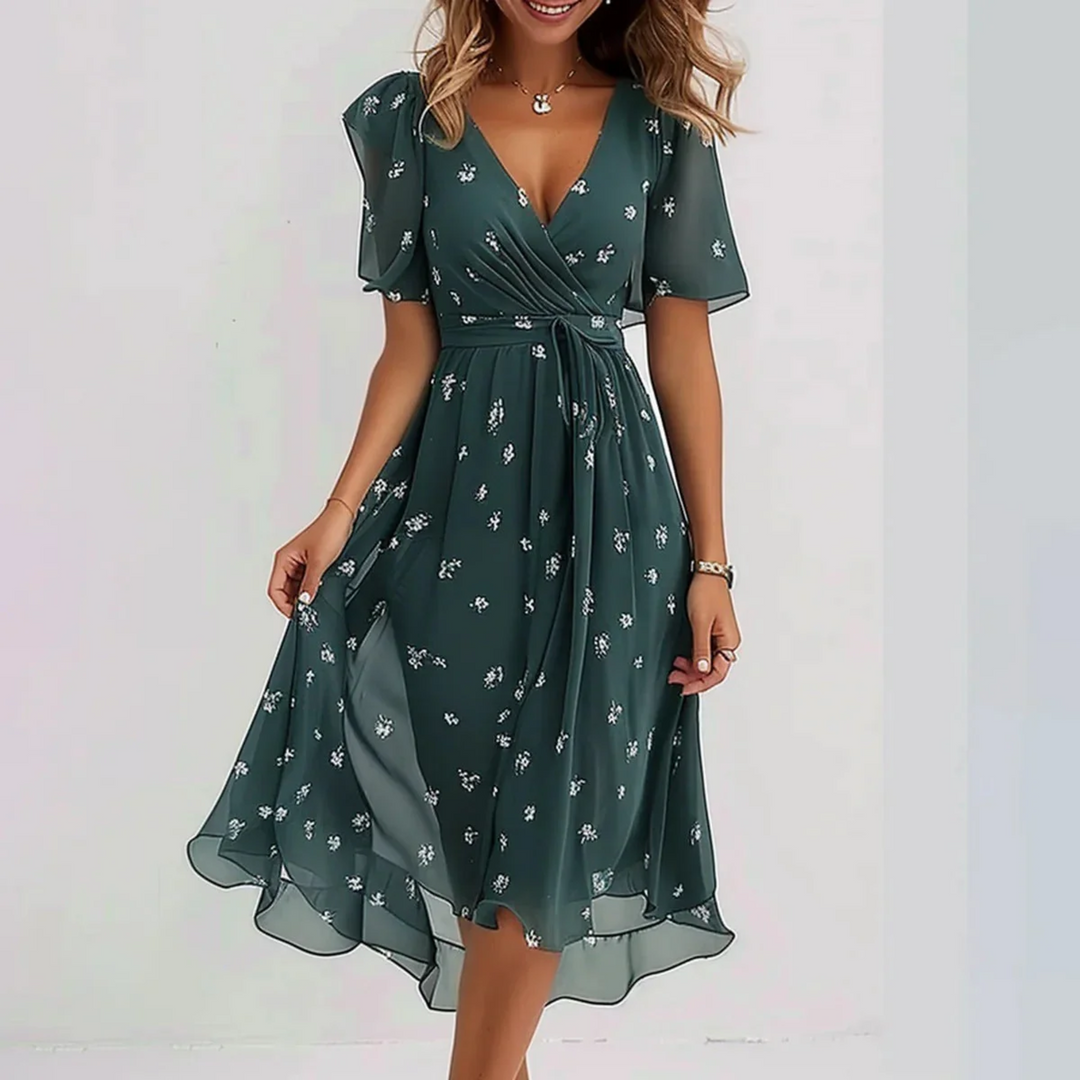 Beautiful women's midi dress featuring a vibrant floral wrap design, elegant flutter sleeves & flattering v-neck.